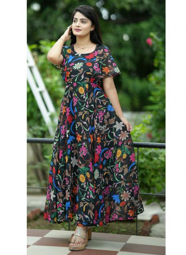 Georgette Black Beach Wear Printed Readymade Maxi Dress